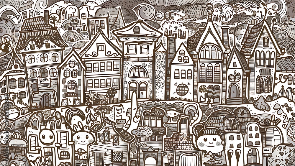 Obraz premium Houses seamless ornament. Cute vector background with doodle city