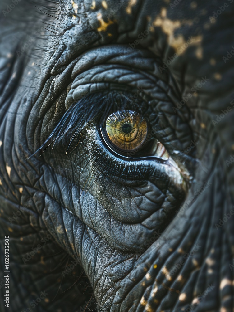 This striking close-up captures the unique texture of an elephant's skin and the mesmerizing depth of its eye, revealing its wisdom. Generative AI This striking close-up captures the unique texture of an elephant's skin and the mesmerizing depth of its eye, revealing its wisdom. Generative AI