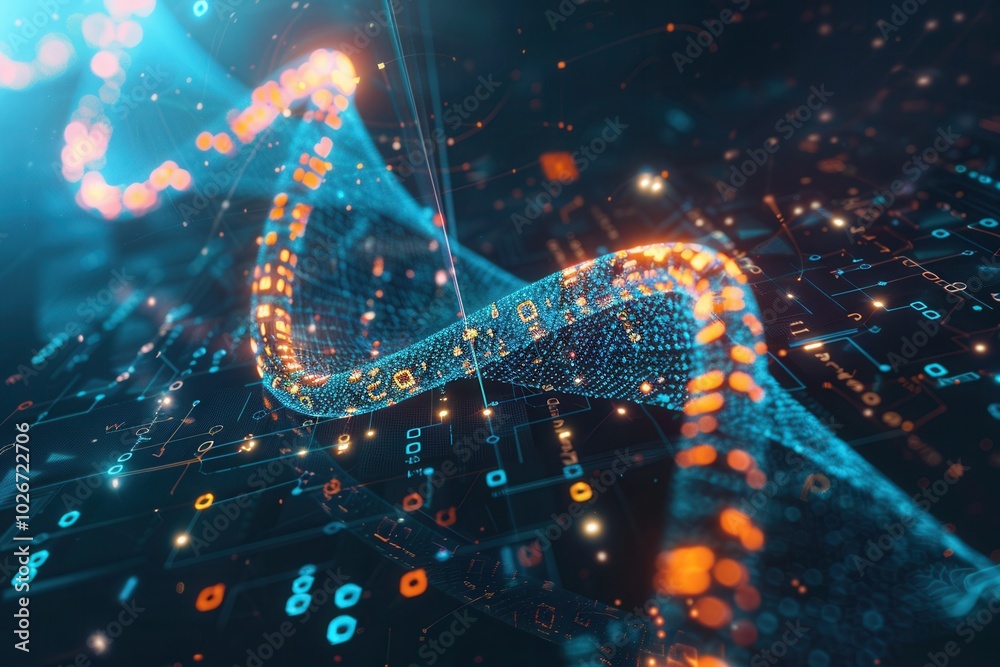 A vibrant 3D-rendered DNA strand intertwines with digital data streams, showcasing the merging of DNA and advanced technology. Generative AI A vibrant 3D-rendered DNA strand intertwines with digital data streams, showcasing the merging of DNA and advanced technology. Generative AI