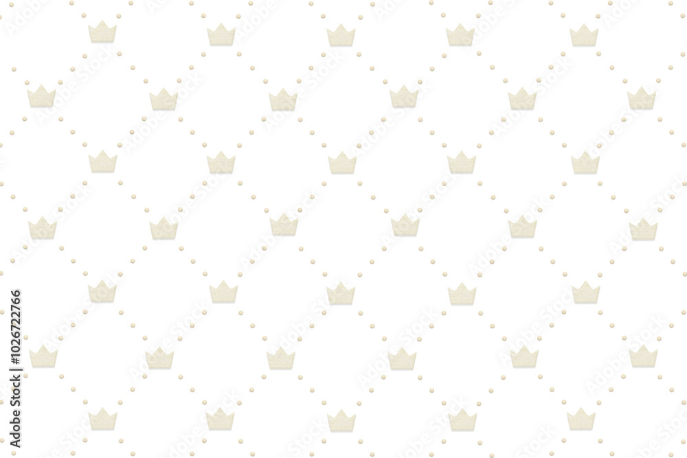Fototapeta premium 王冠のマークがひし形の点線の頂点に飾られた白い木目のパターン背景