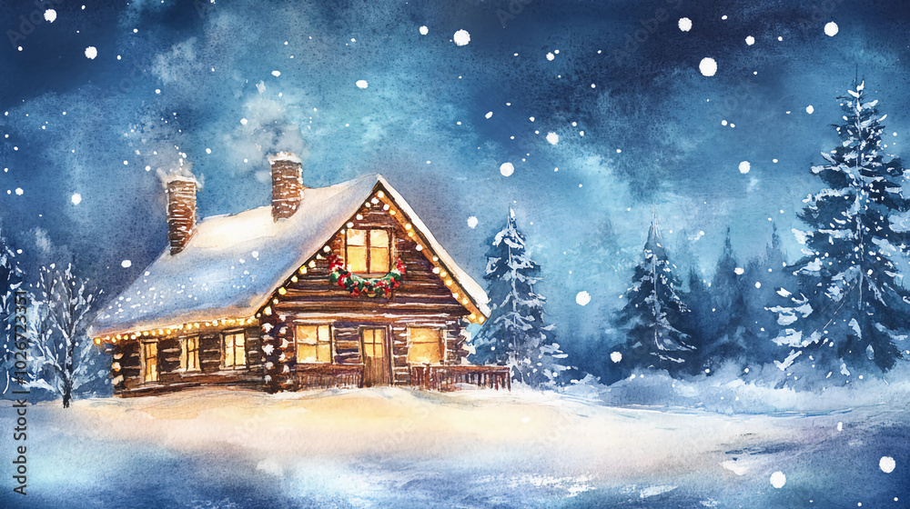 Watercolor of a tiny cabin with holiday lights Watercolor of a tiny cabin with holiday lights