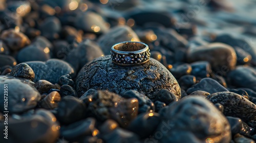 A lovely queenking ring resting atop a covering on pebble ground outside photo