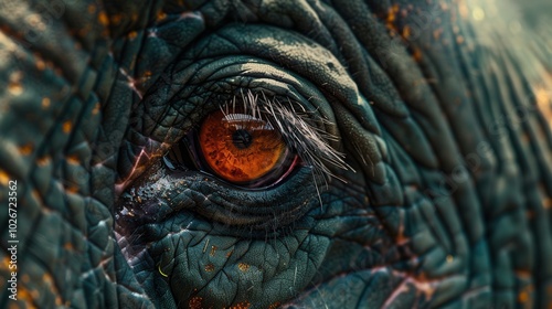 The powerful gaze of an elephant is captured, revealing detailed skin textures and the striking color of its eye in natural light. Generative AI