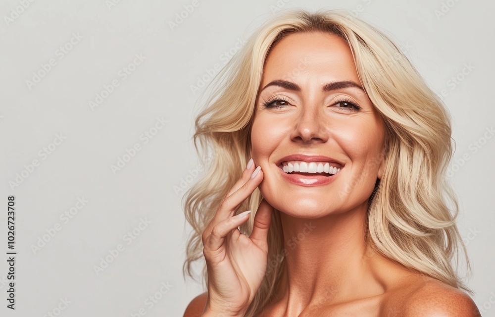 A beautiful American woman in her 30s with blonde hair styled in soft waves, smiling brightly and gently touching her cheek, skin care concept A beautiful American woman in her 30s with blonde hair styled in soft waves, smiling brightly and gently touching her cheek, skin care concept
