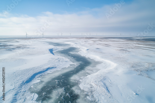 Aerial view of frozen landscape with river and wind turbines under clear blue sky