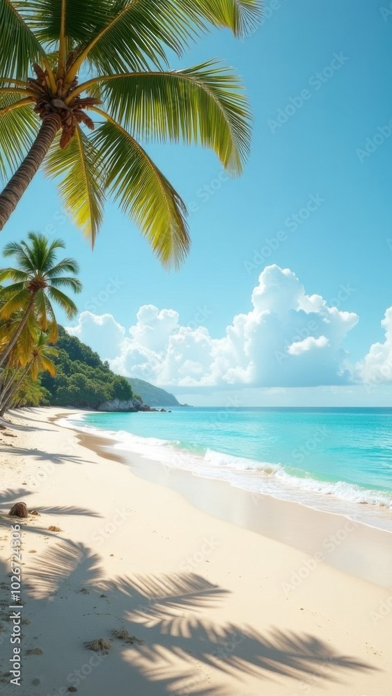Coconut palm trees casting shadows on tropical beach