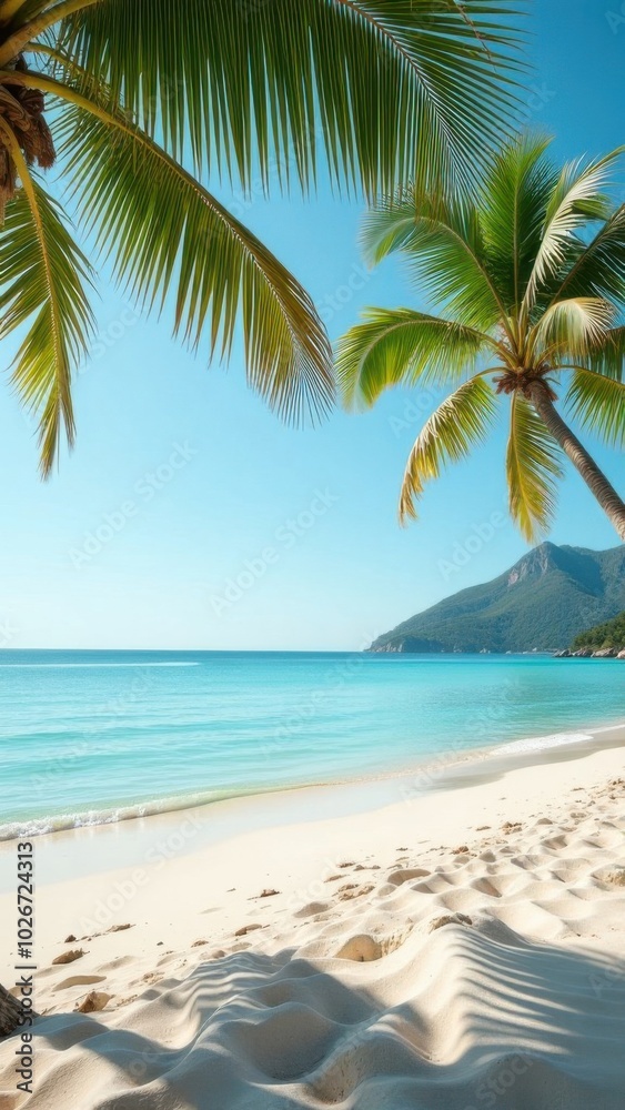 Idyllic white sand beach with palm trees and turquoise water Idyllic white sand beach with palm trees and turquoise water