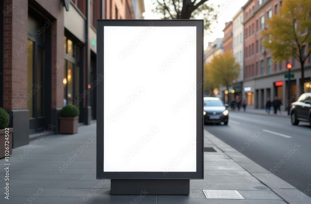 Blank vertical billboard standing on a street with people walking by Blank vertical billboard standing on a street with people walking by