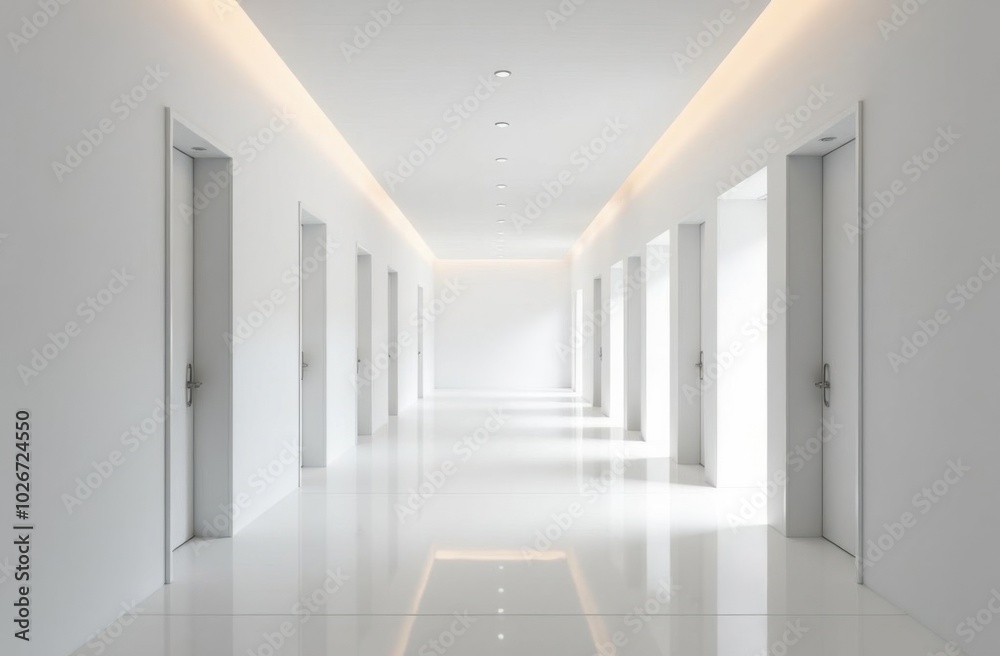 Fototapeta premium Long corridor with many white doors is reflecting light