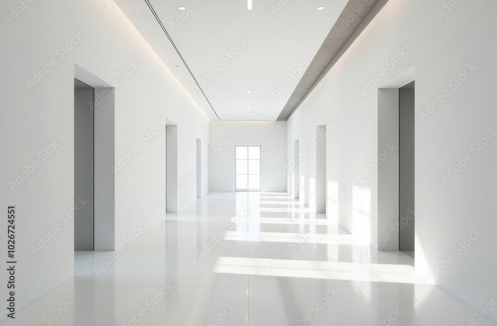Long empty corridor with white walls and sunlight entering through windows Long empty corridor with white walls and sunlight entering through windows