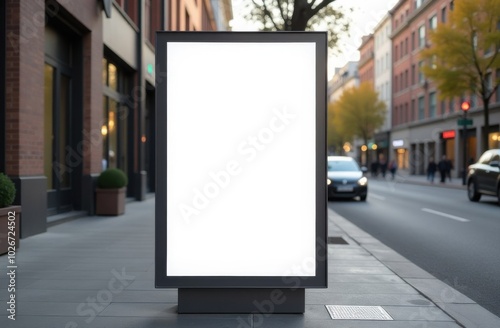 Blank vertical billboard standing on a street with people walking by