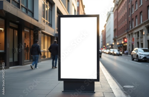 Blank city billboard standing on busy street with pedestrians walking by