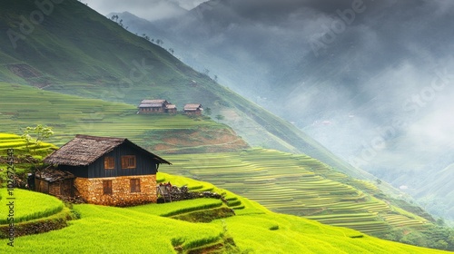 Rural Houses Nestled Amidst Verdant Rice Terraces and Misty Mountains photo