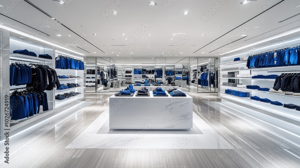 Obraz premium Modern Retail Store Interior with White Walls and Blue Clothing Display