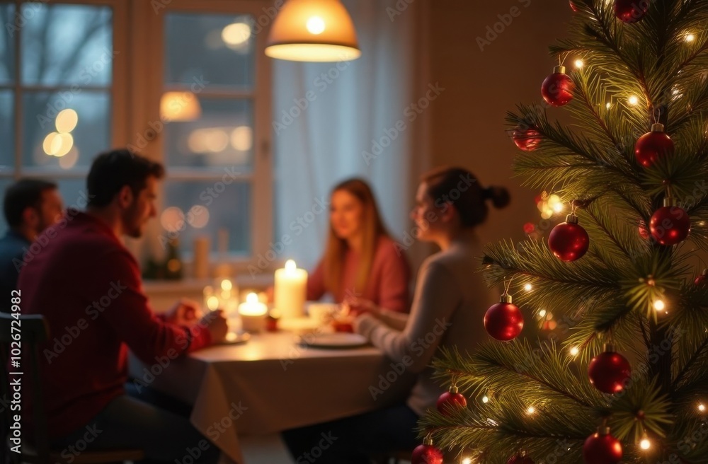 Family enjoying christmas dinner with lit tree in foreground Family enjoying christmas dinner with lit tree in foreground