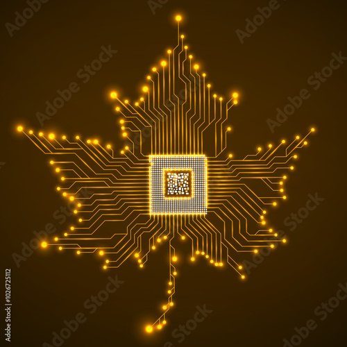 Abstract neon maple leaf with microprocessor inside. Vector illustration
