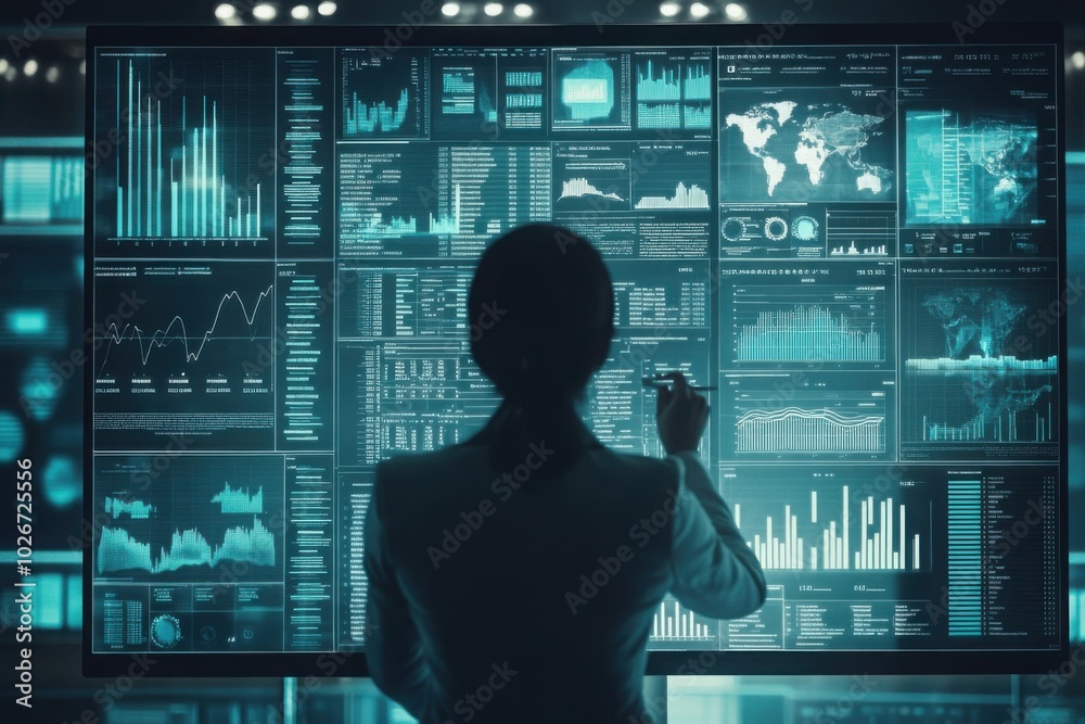 Businesswoman analyzing data on futuristic screen Businesswoman analyzing data on futuristic screen