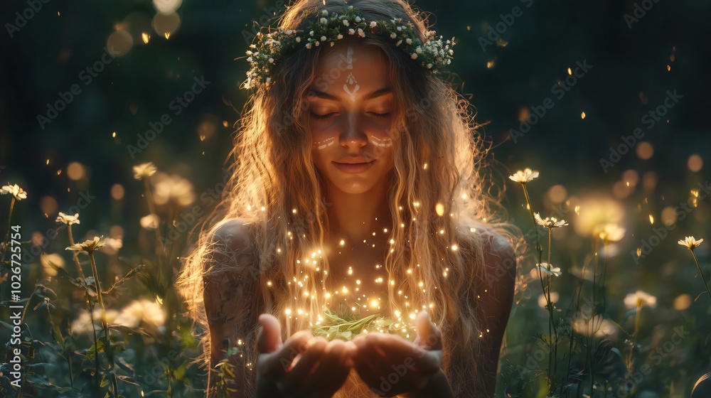 Naklejka premium Mystical blond woman wearing a flower crown holds a glowing light, eyes closed in peaceful contemplation, surrounded by nature's beauty. magical, dreamy atmosphere outdoors; fantasy fairytale 