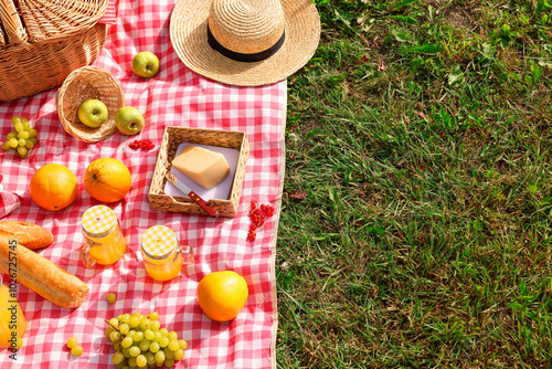 Picnic basket, different snacks, juice and hat on green grass outdoors, space for text