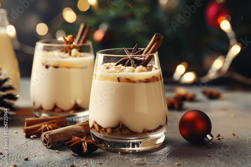 Traditional christmas dessert tiramisu in glass with cinnamon and anise