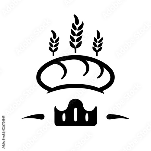 Black bakery logo with bread loaf, wheat stalks, and text in simple graphic style