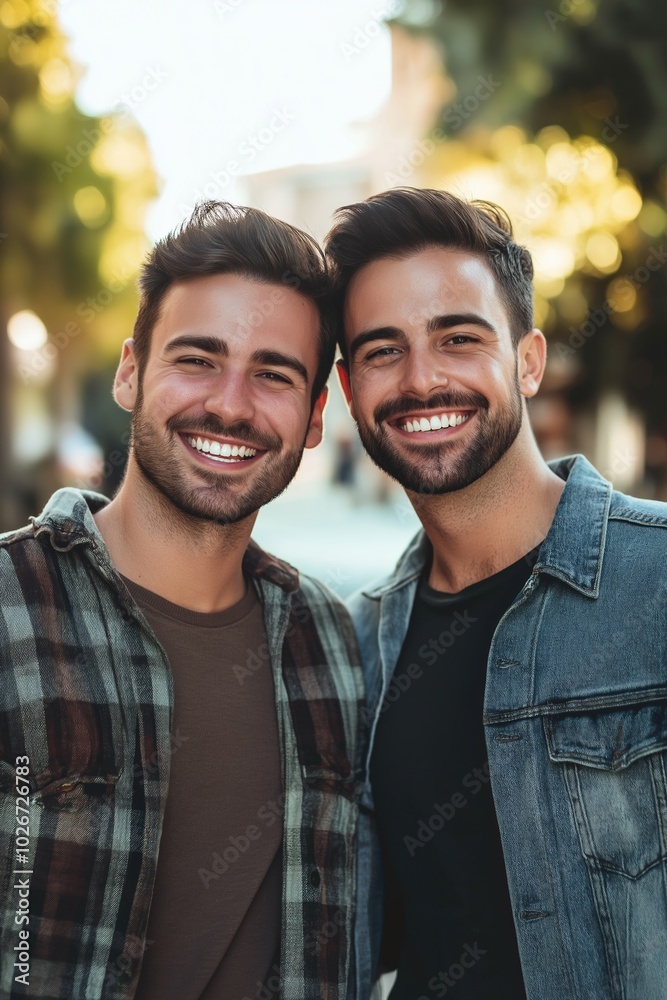 Two men smiling and posing for a picture. One of them is wearing a plaid shirt. Scene is happy and friendly Two men smiling and posing for a picture. One of them is wearing a plaid shirt. Scene is happy and friendly