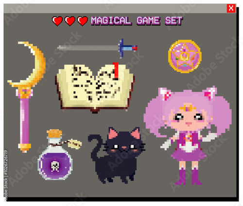 pixel magical game, elementos tecnologicos vintage estilo pixel con colores llamativos ,ventana de computadora, video juego chica magica