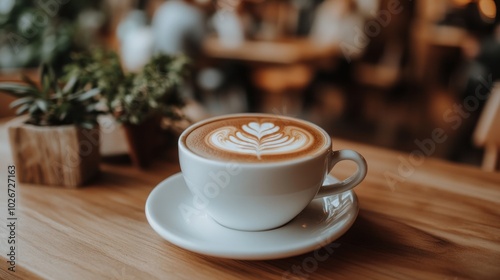 A beautifully crafted latte with latte art on a wooden table in a cozy caf? setting.