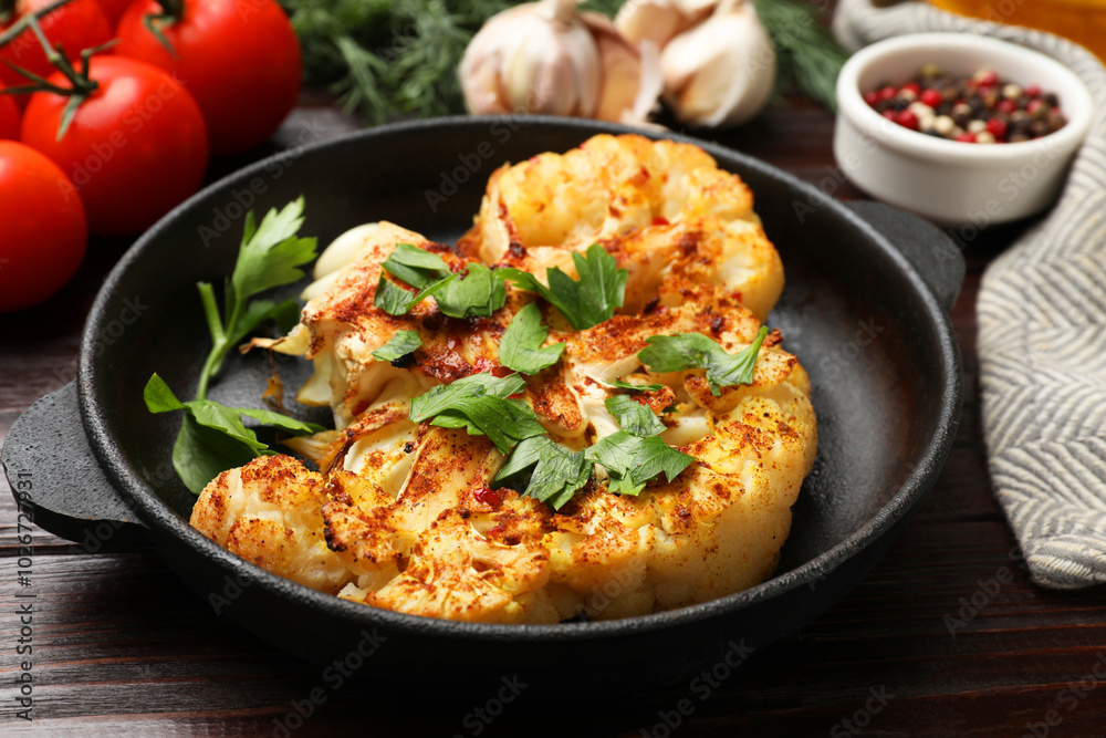 Tasty cauliflower steak in frying pan and other products on wooden table, closeup Tasty cauliflower steak in frying pan and other products on wooden table, closeup