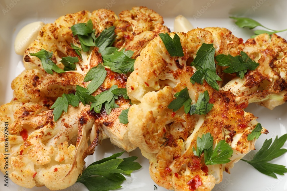 Tasty cauliflower steaks and parsley in baking dish, closeup Tasty cauliflower steaks and parsley in baking dish, closeup
