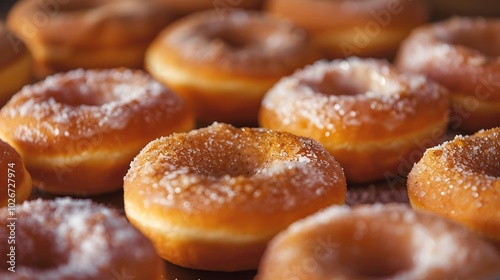 A rectangle of fresh doughnuts topped with spice and sugar