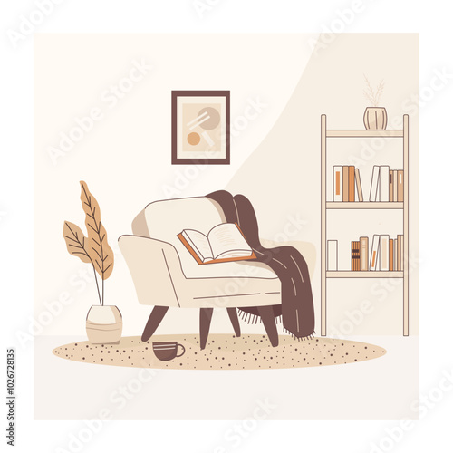 Cozy Reading Nook with Armchair and Bookshelf. Perfect for themes of relaxation, home decor, and cozy living.