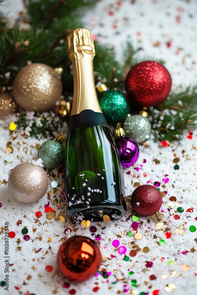 A bottle of champagne is surrounded by a bunch of colorful balls and ornaments. The image conveys a festive and celebratory mood, as the champagne A bottle of champagne is surrounded by a bunch of colorful balls and ornaments. The image conveys a festive and celebratory mood, as the champagne