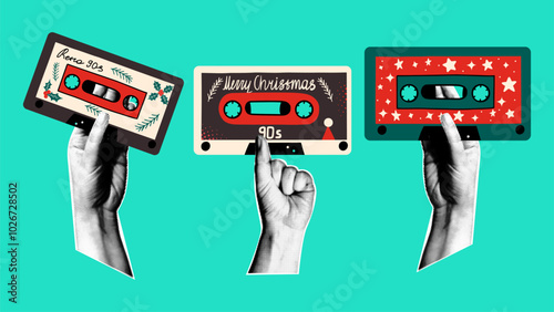 Halftone hands holding vintage Christmas vinyl records. New Year collage. Vector flat illustration.