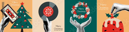 Retro collage 90s style with Christmas elements. Vintage cards. New Year set with halftone effect. Hand holding vinyl record, audio cassette.