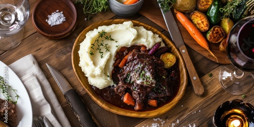 a table with a plate of food and a glass of wine photo