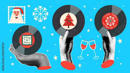 Halftone hands holding Christmas vintage vinyl records. Retro pop art illustration.