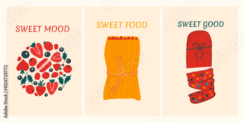 Sweet posters. Vertical cards with pastries and berries. Food set. Vector illustration.