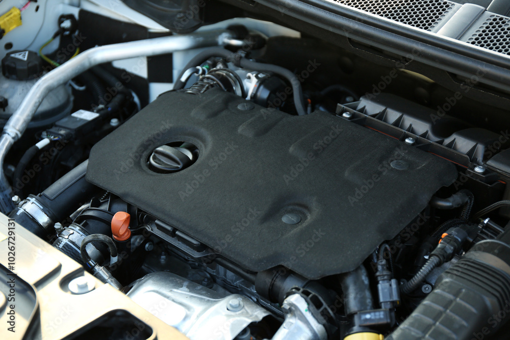 Closeup view of car engine in modern auto Closeup view of car engine in modern auto