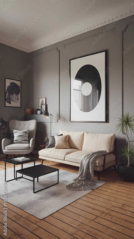 A stylish boho Scandinavian living room featuring a beige sofa, black coffee table, and large artwork on a grey wall.
A stylish boho Scandinavian living room featuring a beige sofa, black coffee table, and large artwork on a grey wall.