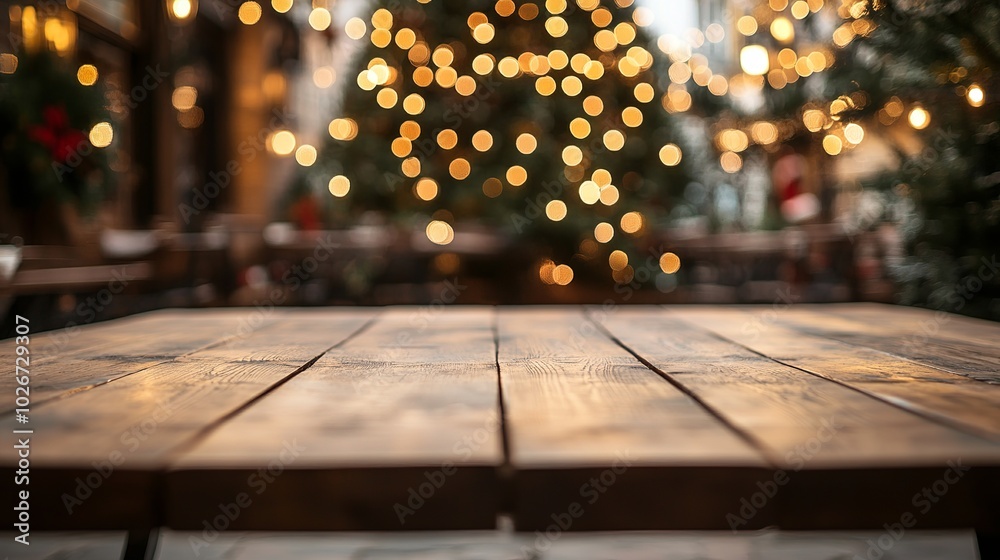 An empty table with a Christmas tree in the background that is out of focus, perfect for displaying products during the holiday season. An empty table with a Christmas tree in the background that is out of focus, perfect for displaying products during the holiday season.