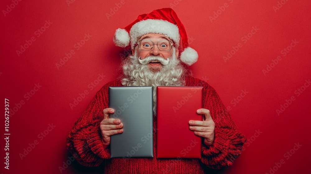 Naklejka premium Jolly figure in Santa costume holding modern tablets with contrasting colors, symbolizing blend of tradition and technology against vibrant red background.