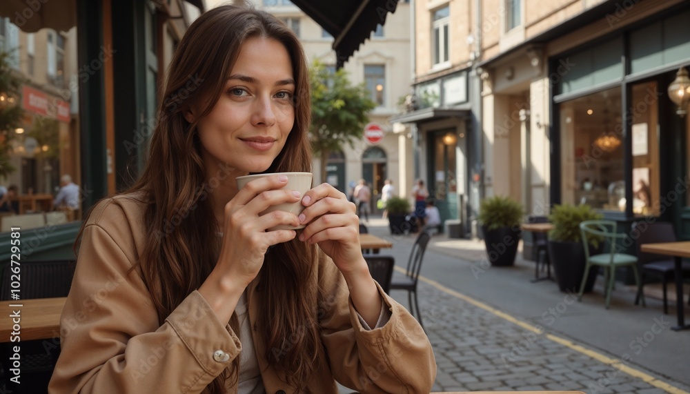 Fototapeta premium Young woman enjoying a coffee break at a cafe on a sunny day