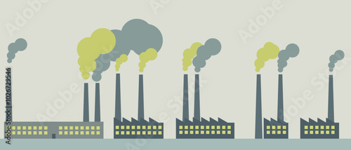 Industrial Factory Pollution Vector Illustration with Smoke and Environmental Impact