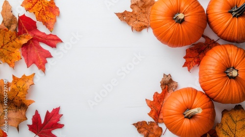 A cozy autumn scene featuring pumpkins and colorful leaves on a white background.