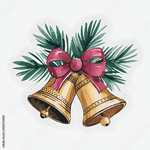 A watercolor vector illustration of a Christmas Bells – Gold or silver bells often used in decorations