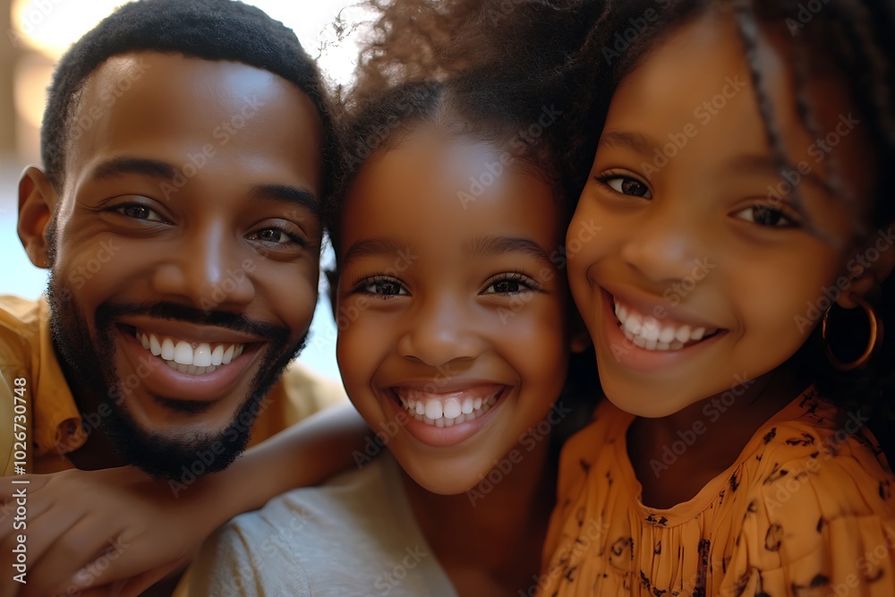 Joyful African American family captured in a close-up selfie, parents and children smiling, natural light illuminating their faces, capturing the warmth and connection of their bond