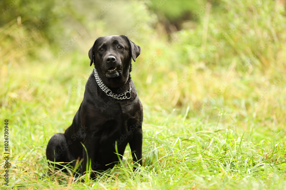 Adorable Labrador Retriever dog sitting on green grass outdoors. Space for text Adorable Labrador Retriever dog sitting on green grass outdoors. Space for text