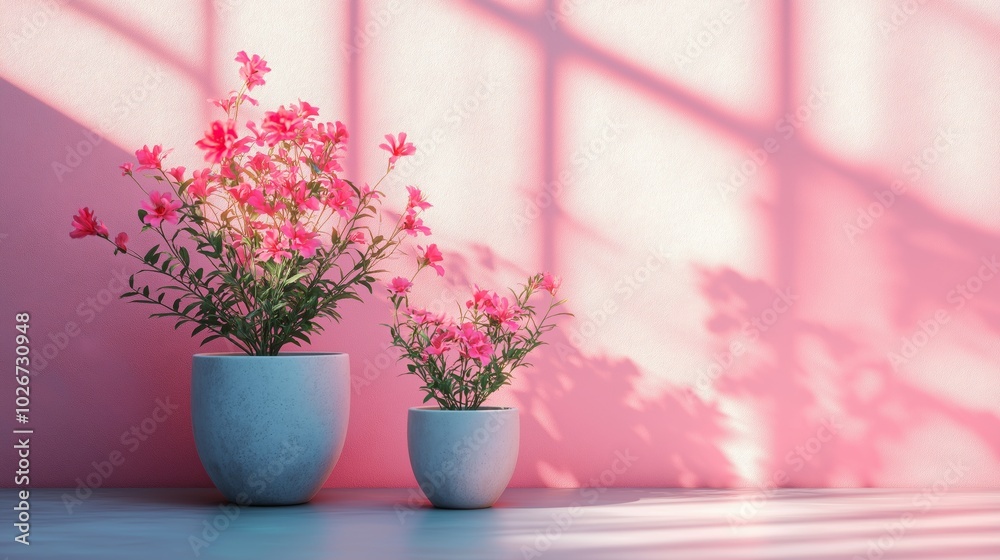Flowers in vase on pink wall background with copy space. Flowers in vase on pink wall background with copy space.