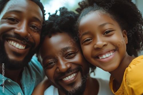 Joyful African American family captured in a close-up selfie, parents and children smiling, vibrant expressions.